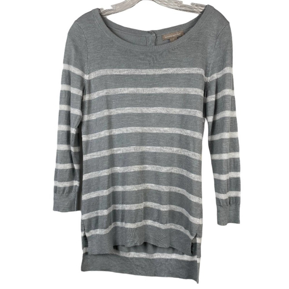 BANANA REPUBLIC S Gray Striped 3/4 Sleeve Linen Sweater - Picture 1 of 7